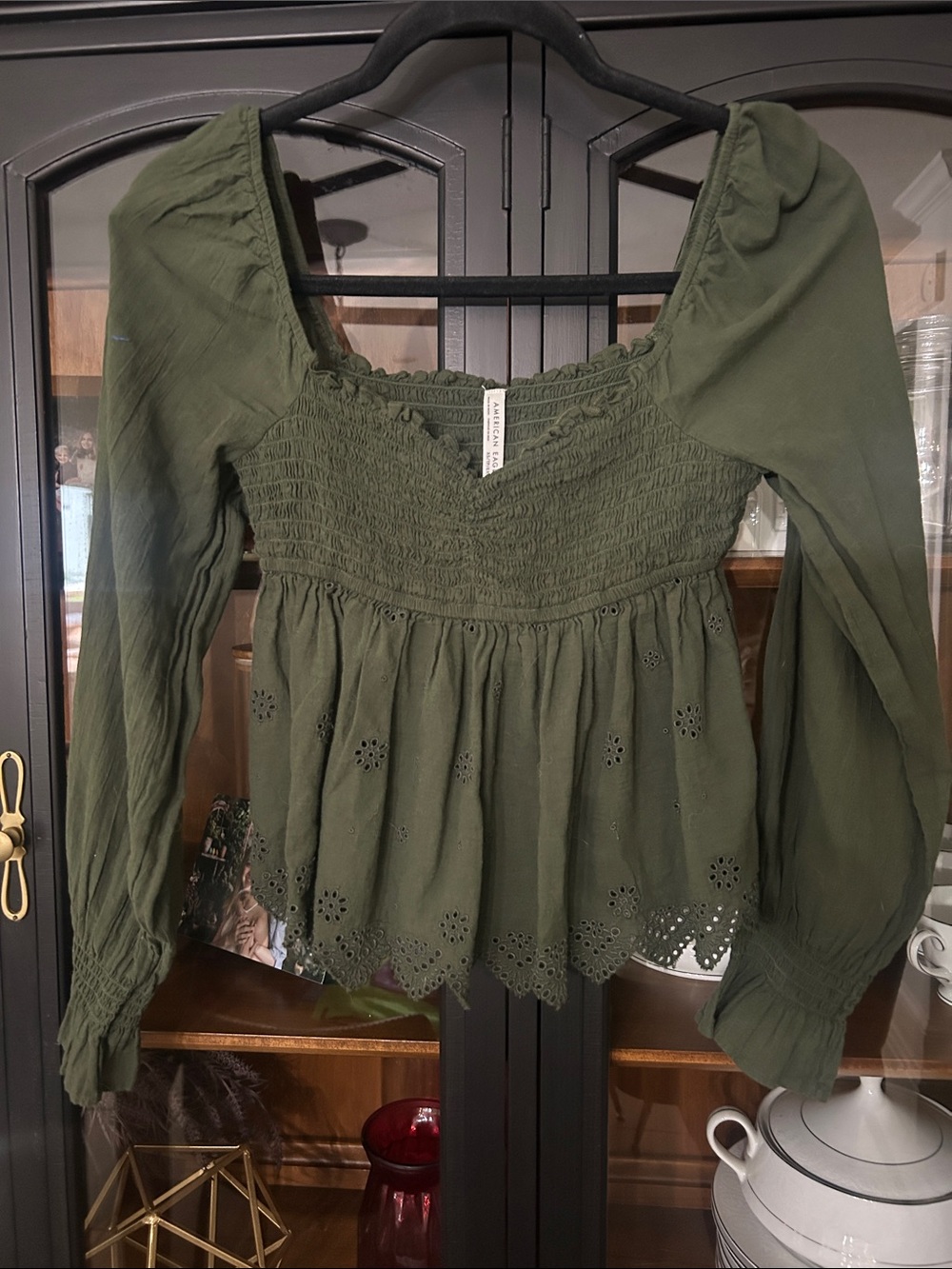 American Eagle Outfitters Olive Smocked Eyelet Peasant Blouse